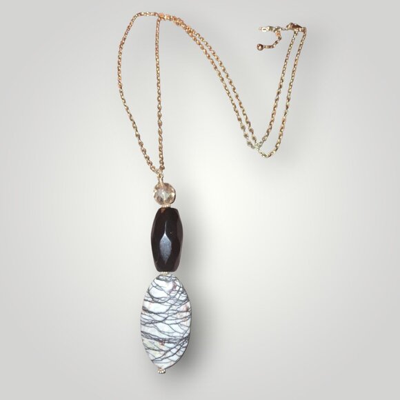 Picasso Jasper Onyx statement gemstone white black necklace goldtone euc - Picture 1 of 9